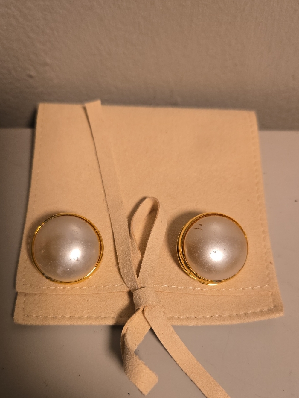 Celine Vintage Gold-Tone White Pearl Button Earrings